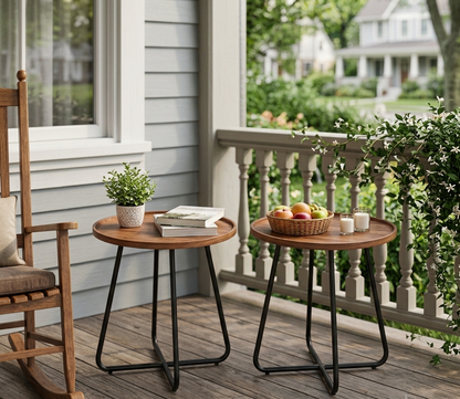Outdoor Side Table With Imitation Wood Tabletop, Weather Resistant Patio Side Table, Round Outdoor End Table For Patio Yard Balcony Garden