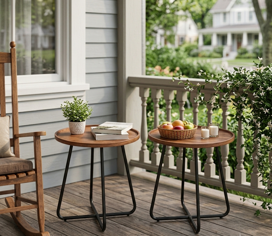 Outdoor Side Table With Imitation Wood Tabletop, Weather Resistant Patio Side Table, Round Outdoor End Table For Patio Yard Balcony Garden